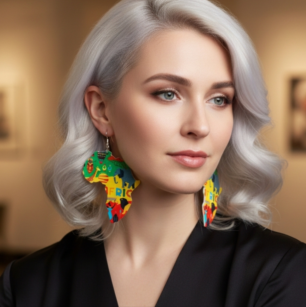 African Map Animal Wood Painted Tribal Earrings. Length 3.0 inches - Picture 11 of 12